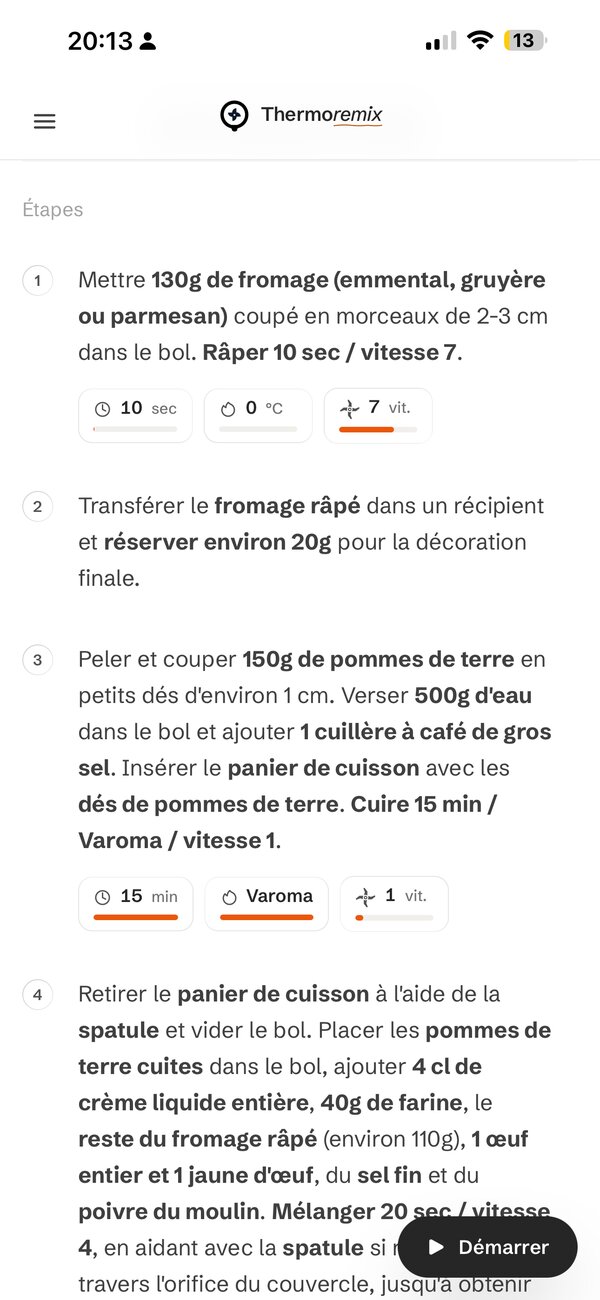 Étapes de cuisson Thermomix avec chips temps, température, vitesse et bouton Démarrer
